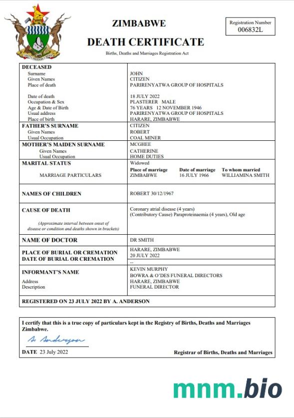Zimbabwe rekord życiowy śmierć certyfikat Word i PDF szablon